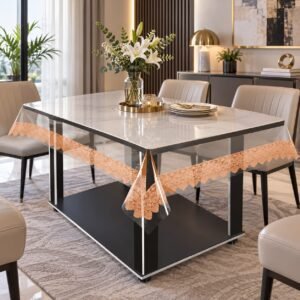 8-10 Seater Transparent Table Cover, Thick Cover, Designer Border (Red, 60x90 inch)