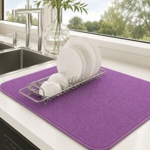 Dish Drying Mat for Kitchen Counter, Heat Resistant Drainer Mats with Non-slip Rubber Backed, Hide Stain Kitchen Super Absorbent Draining Mat, Easy to Clean Dish Rack Pad, Polyester