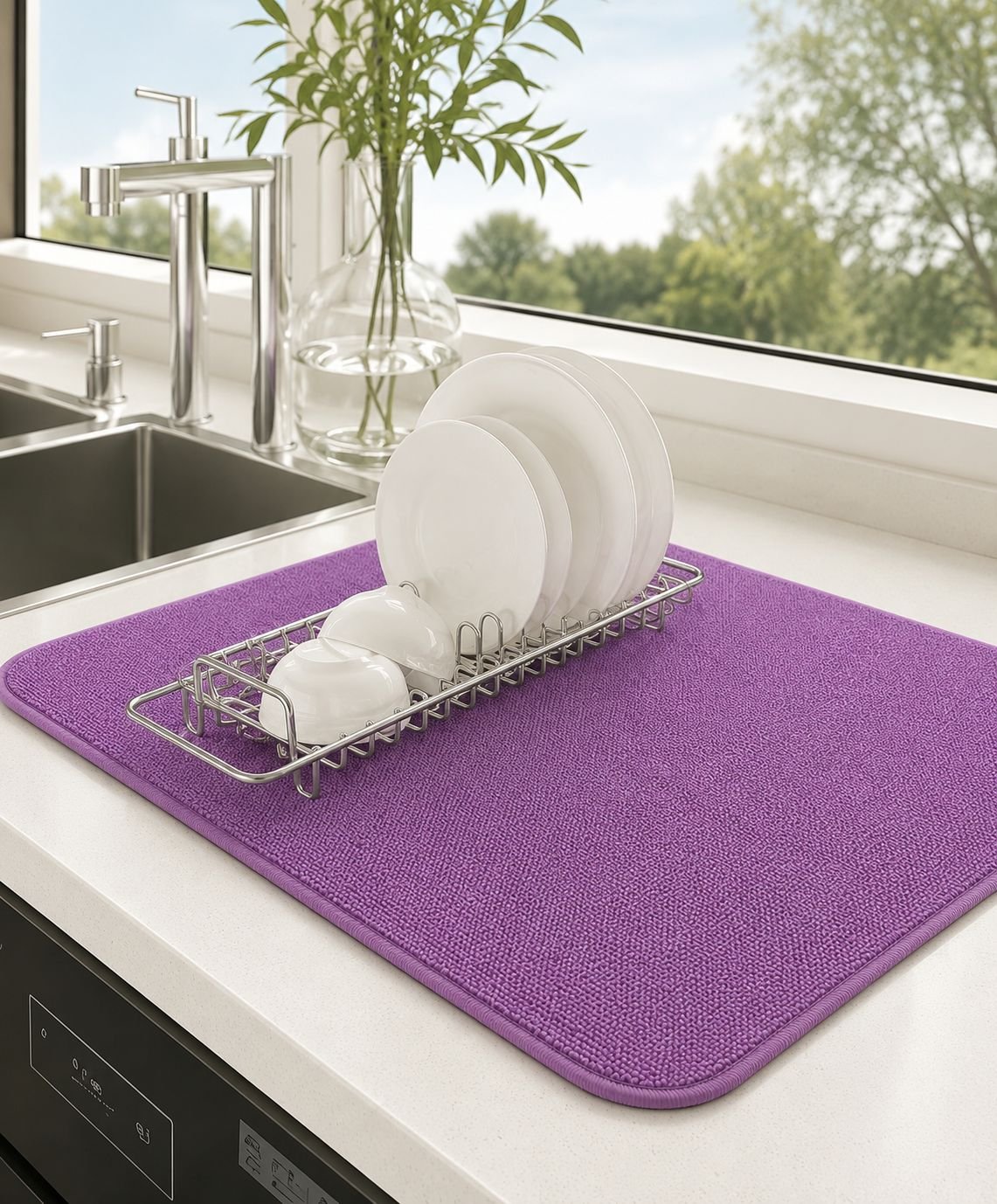 Dish Drying Mat for Kitchen Counter, Heat Resistant Drainer Mats with Non-slip Rubber Backed, Hide Stain Kitchen Super Absorbent Draining Mat, Easy to Clean Dish Rack Pad, Polyester