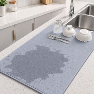 Dish Drying Mat for Kitchen Counter, Heat Resistant Drainer Mats with Non-slip Rubber Backed, Hide Stain Kitchen Super Absorbent Draining Mat, Easy to Clean Dish Rack Pad, Polyester