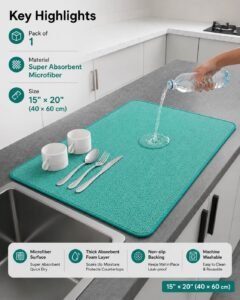Dish Drying Mat for Kitchen Counter, Heat Resistant Drainer Mats with Non-slip Rubber Backed, Hide Stain Kitchen Super Absorbent Draining Mat, Easy to Clean Dish Rack Pad, Polyester