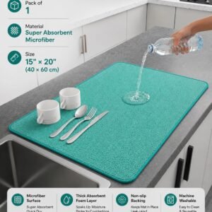 Dish Drying Mat for Kitchen Counter, Heat Resistant Drainer Mats with Non-slip Rubber Backed, Hide Stain Kitchen Super Absorbent Draining Mat, Easy to Clean Dish Rack Pad, Polyester