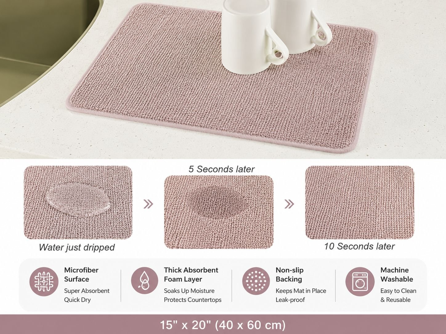 Dish Drying Mat for Kitchen Counter, Heat Resistant Drainer Mats with Non-slip Rubber Backed, Hide Stain Kitchen Super Absorbent Draining Mat, Easy to Clean Dish Rack Pad, Polyester